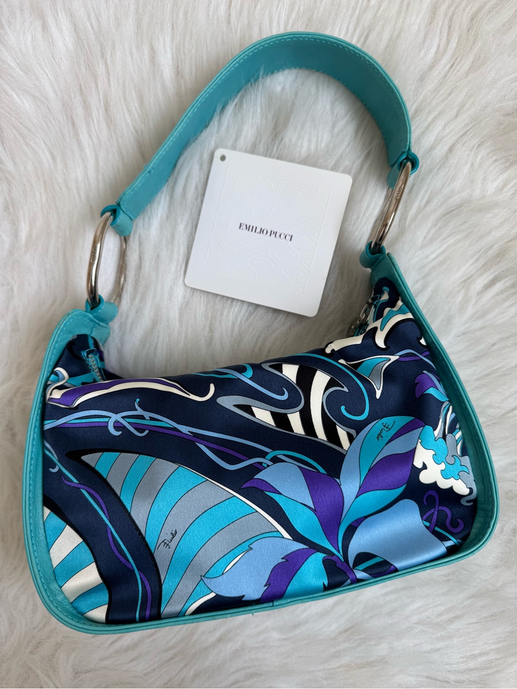 Authentic Vintage Emilio Pucci Silk And Leather Blue Mini Pouch Shoulder Bag